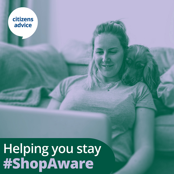A woman with a laptop shopping online while her dog is sat behind her on a sofa - the image features the words Helping you stay ShopAware